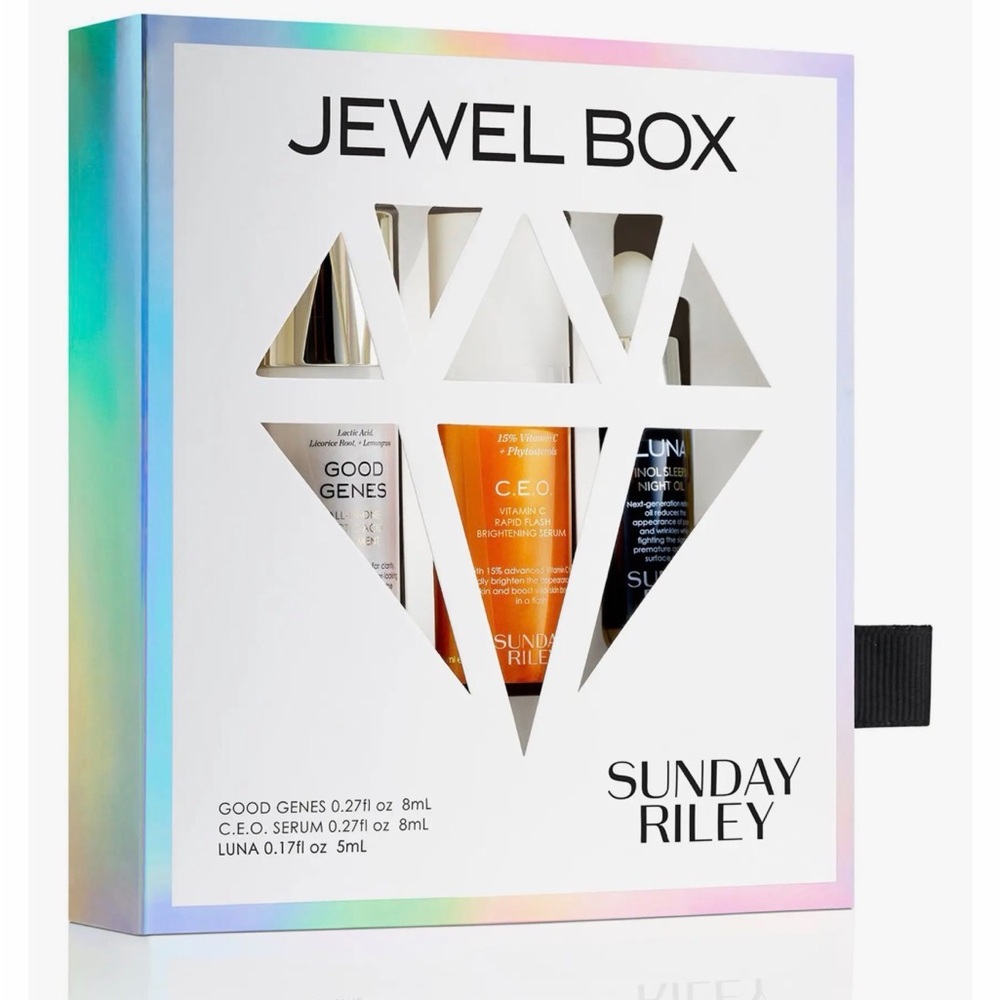 Sunday Riley Jewel Box with Holographic Silver Packaging